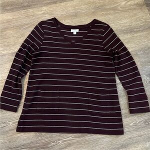 Women’s JJill Medium Petite Burgundy Striped V-Neck Tunic with pockets
